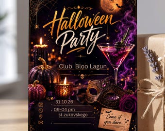 Invitación para fiesta de cóctel de Halloween para adultos, invitación para club de terror neón, plantilla editable de Canva, tarjeta de mascarada gótica, descarga digital.