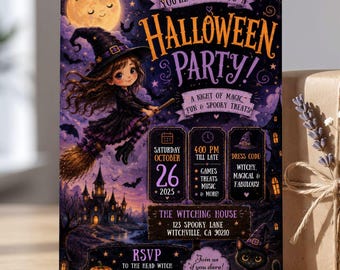 Invitación a fiesta de brujas voladoras, invitación de Halloween para niños, plantilla editable de Canva, descarga digital espeluznante, tarjeta de escoba mágica