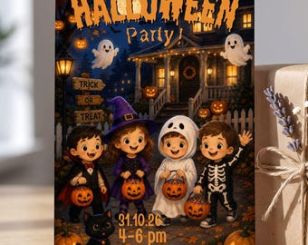 Invitación para fiesta de Halloween infantil, plantilla editable de Canva, invitación para pedir dulces, tarjeta de cumpleaños espeluznante, descarga digital de disfraces infantiles