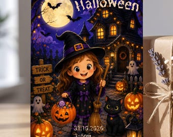 Invitación para fiesta de Halloween de brujas, plantilla editable de Canva, invitación para niños para pedir dulces, descarga digital espeluznante, tarjeta de disfraz para niña