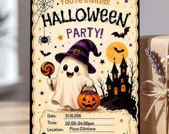 Invitación a fiesta de fantasmas, invitación de Halloween para niños, plantilla editable de Canva, descarga digital espeluznante, tarjeta de truco o trato para niños