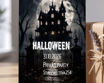 Invitación a fiesta de Halloween en una casa embrujada, invitación a una mansión tenebrosa, invitación para una noche de terror para adultos, plantilla de Canva de castillo espeluznante, descarga digital.