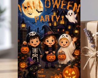 Invitación para fiesta de Halloween infantil, invitación de cumpleaños con temática de truco o trato, invitación de disfraces de dibujos animados, plantilla editable de Canva, descarga digital.