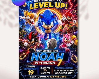 Sonic Birthday Invitation, Kids Video Game Party Invite, Printable Ticket, Mobile Evite and Canva Digital Download