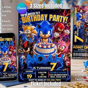May include: A birthday party invitation featuring the character Sonic the Hedgehog. The invitation includes the text "You're Invited to a Birthday Party!" and "Noah is Turning 7." Also included is a ticket and a phone screen with the same design.