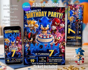 Invito a tema Sonic, invito per festa di compleanno per bambini a tema videogiochi, biglietto stampabile, invito digitale per dispositivi mobili e modello modificabile per Canva.