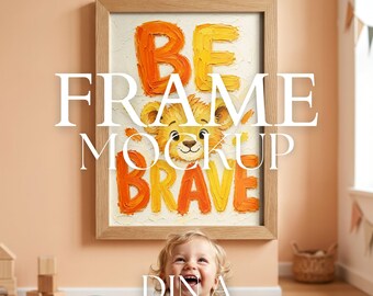 Cornice 5x7, mockup per esposizione di quadri da parete per cameretta, mockup per poster per la stanza dei bambini, trascinamento e rilascio su Canva, download in formato PSD e PNG