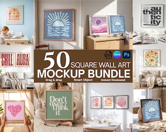 Pacchetto di mockup per cornici quadrate, 50 modelli per opere d'arte da parete, compatibili con Canva tramite trascinamento, file PSD con oggetto avanzato e download digitale in formato PNG.