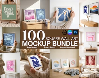Pacchetto di mockup per cornici quadrate, 100 supporti per opere d'arte da parete, compatibili con Canva tramite trascinamento, file PSD con oggetto avanzato e download digitale in formato PNG.