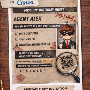 Puede incluir: Plantilla de invitación de espía imprimible con estética vintage. Presenta el texto "Agente Alex" y "Misión de Cumpleaños", un código QR y un espía de dibujos animados con gafas de sol. Dimensiones: 21 x 29,7 cm.
