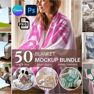 May include: A mockup bundle featuring 50 blanket designs. The image showcases various blanket mockups, including those draped over furniture and held by people. The blankets display diverse patterns and colors, with the text "50 BLANKET MOCKUP BUNDLE" visible.