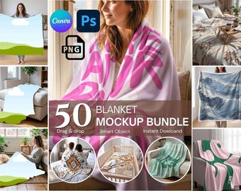 Pacchetto di 50 mockup di coperte, modello Canva e oggetto avanzato PSD, coperte trasparenti in formato PNG, download digitale.