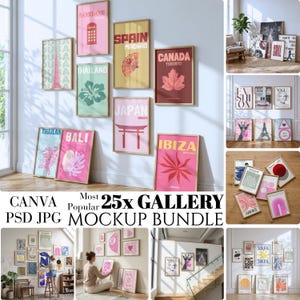 Puede incluir: Una colección de carteles enmarcados con temática de viajes en varios tamaños y colores, incluyendo rosa, verde y marrón. Los carteles presentan nombres de ciudades como Londres, Madrid y Toronto, junto con imágenes icónicas. También se ve el texto "CANVA Most Popular 25x GALLERY PSD JPG MOCKUP BUNDLE".