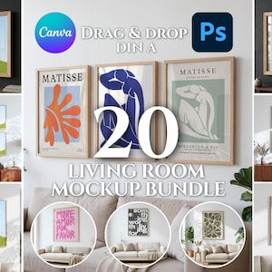 20 Living Room Frame Mockup Bundle: Boho Interior Wall Art and Modern Gallery Displays for Canva & PSD