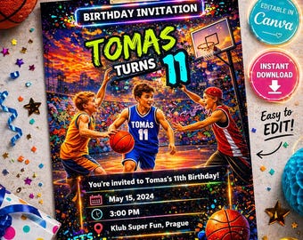 Invito di compleanno a tema basket, invito per festa sportiva, modello Canva modificabile, invito di compleanno per ragazzi, formato A4 stampabile, download immediato.