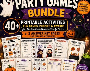 Paquete de juegos para fiestas de Halloween, juegos imprimibles para niños, actividades de Halloween en PDF.