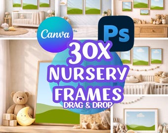30 maquetas de marcos para guardería, paquete de arte para la pared de la habitación infantil en Canva y Photoshop (arrastrar y soltar)