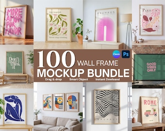 Pacchetto di 100 mockup di cornici per Canva e Photoshop: quadri per interni e allestimenti per gallerie con oggetti intelligenti DIN A