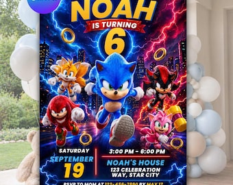 Invito di compleanno a tema Sonic the Hedgehog, invito digitale per festa di compleanno a tema videogiochi per ragazzi, biglietto stampabile e modello Canva.