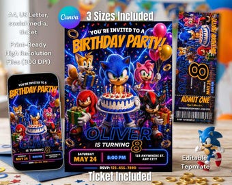 Invito digitale di Sonic, invito per festa di compleanno a tema videogiochi per bambini, biglietto stampabile, invito digitale per dispositivi mobili e modello Canva.