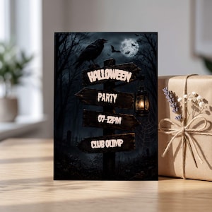 May include: A rectangular Halloween party invitation card featuring a dark forest scene with a full moon, a black raven, and a wooden signpost. The signs display the text HALLOWEEN, PARTY, 07-12PM, and CLUB OLIMP in a white, jagged, spooky font.