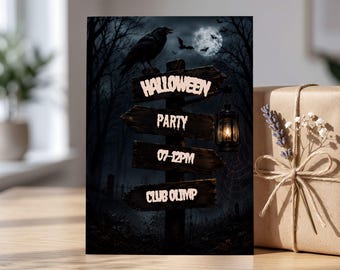 Invitación gótica para fiesta de Halloween, invitación de cuervo del bosque oscuro, invitación de noche de terror espeluznante, plantilla cinematográfica para adultos en Canva, letrero espeluznante