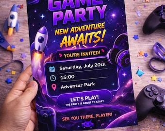 Invito per festa a tema spaziale, invito di compleanno a tema galassia, modello Canva modificabile, invito per bambini appassionati di videogiochi, formato A4 stampabile, download immediato.