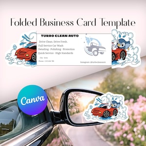 May include: A folded business card template with the text "TURBO CLEAN AUTO" and a red car graphic. The card includes service details like car wash, detailing, and polishing. A Canva logo is also visible.