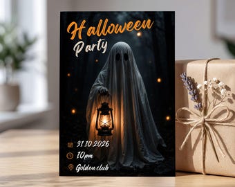 Invitación para fiesta de Halloween en el Bosque Oscuro, invitación con linterna fantasmal espeluznante, invitación para una noche de terror cinematográfica, plantilla editable de Canva para descarga digital