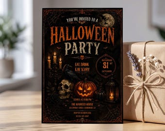 Invitación gótica para fiesta de Halloween, invitación para adultos para una noche de terror, plantilla editable de Canva, tarjeta de calavera oscura, descarga digital espeluznante