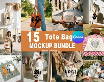 Pacchetto di 15 mockup di borse tote, mockup di borse tote in tela, mockup di borse tote neutre, compatibili con Canva, per uso commerciale