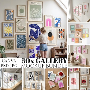 Pacchetto di 50 mockup di cornici, file PSD per pareti galleria, poster per Canva, cornici quadrate, interni minimalisti