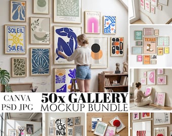 50x Frame Mockup Bundle, Gallery Wall PSD, Canva Poster, Square Frames, Minimalist Interior