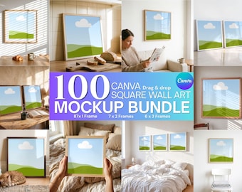 Pacchetto di mockup per cornici quadrate, 100 modelli per esposizione di opere d'arte da parete, modelli Canva drag and drop, download digitale.