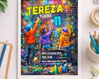 Invito di compleanno graffiti, invito di compleanno per ragazza, invito per festa preadolescente, modello Canva modificabile, poster di compleanno neon, stampabile in formato A4