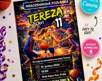 Invito di compleanno a tema basket, invito per festa sportiva per ragazze, modello Canva modificabile, invito di compleanno per bambini, stampabile in formato A4, download immediato.