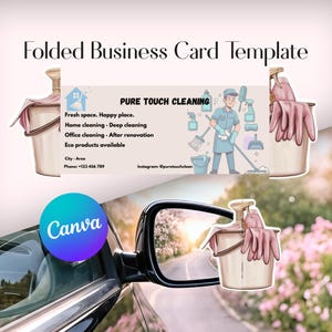 May include: A business card template with the text "Folded Business Card Template" at the top. The card features the text "PURE TOUCH CLEANING" and a list of services. A bucket with cleaning supplies and a car mirror are also visible.