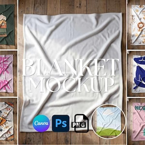 Könnte beinhalten: Decken-Mockups mit verschiedenen Designs, darunter eine grüne Decke mit einer Berglandschaft und Text, eine rosa Decke mit Text und eine weiße Decke. Das Bild enthält auch Canva-, Photoshop- und PNG-Symbole.