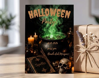 Invitación para fiesta de disfraces de Halloween, invitación para noche de terror espeluznante, invitación editable para pedir dulces o truco, plantilla digital de Canva para octubre.