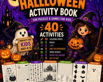Libro de actividades de Halloween para niños / 40 actividades imprimibles de Halloween / Páginas para colorear, laberintos, Veo veo, Encuentra las diferencias, Sopa de letras, Emparejar