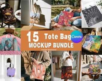 Pacchetto di 15 mockup di borse tote, mockup di borse tote in tela, foto di borse tote neutre, compatibili con Canva, utilizzo commerciale incluso