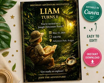 Invito di compleanno nella giungla, invito di compleanno avventura, modello Canva modificabile, invito di compleanno safari, invito di compleanno per bambini, stampabile in formato A4