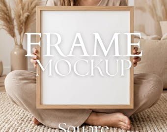 Mockup di cornice quadrata, espositore singolo in legno per opere d'arte da parete, trascinamento e rilascio su Canva, oggetto avanzato PSD e download digitale PNG