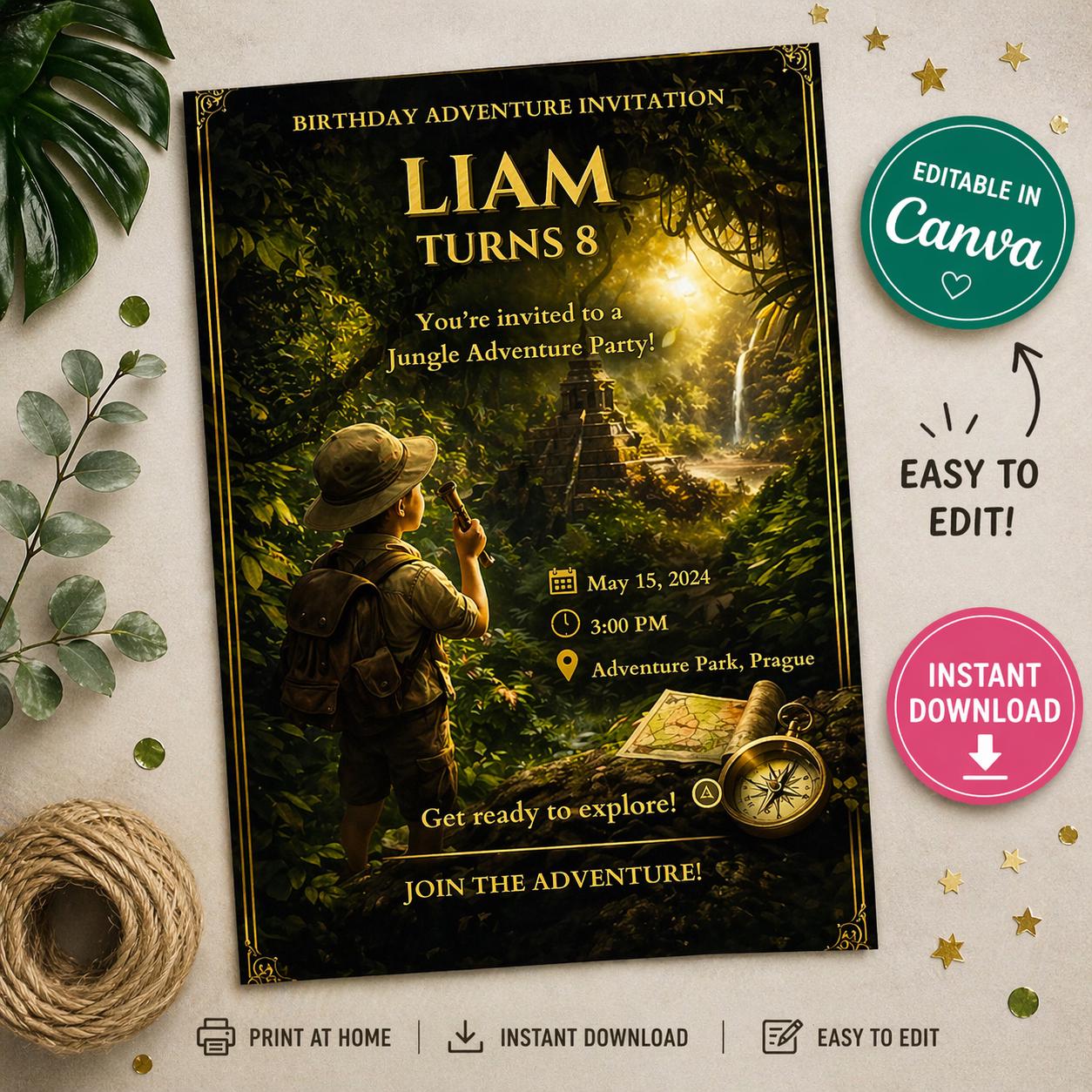 Invito di compleanno a tema giungla, invito di compleanno a tema safari, invito di compleanno a tema avventura, modello Canva modificabile, invito di compleanno per bambini, stampabile in formato A4