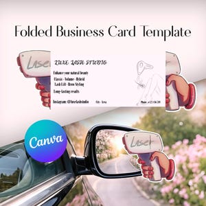 May include: A folded business card template with the text "Folded Business Card Template". The card features the text "LUXE LASH STUDIO" and services such as lash lift and brow styling. A Canva logo is visible.