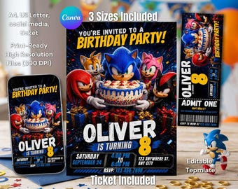 Invito di compleanno a tema Sonic, invito per ragazzi appassionato di videogiochi, biglietto stampabile, invito digitale per dispositivi mobili e modello Canva.