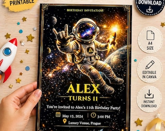 Invito di compleanno a tema spaziale, invito per festa a tema astronauti, modello Canva modificabile, invito di compleanno per bambini, invito di compleanno a tema galassia, stampabile in formato A4.