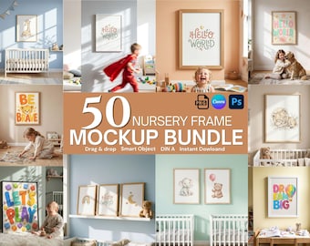 Pacchetto di mockup per cornici da cameretta, 50 decorazioni murali per la cameretta dei bambini, download digitale con funzione trascina e rilascia su Canva, file PSD con oggetto avanzato e PNG.