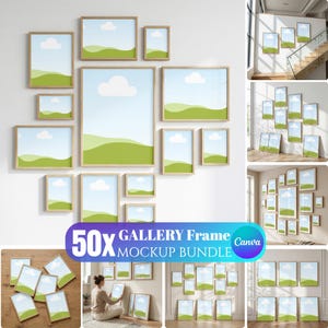 May include: A selection of wooden framed art prints with landscape scenes, displayed in gallery wall mockups. The prints depict a blue sky, white cloud, and green hills. The image includes the text "50x GALLERY Frame MOCKUP BUNDLE Canva".