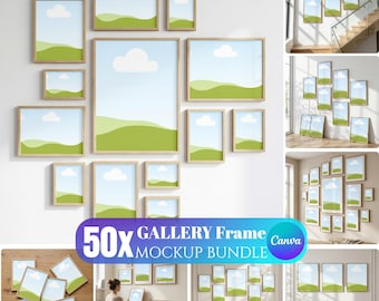 Paquete de 50 maquetas de galerías de arte en pared, plantillas de marcos de Canva para exhibir arte en la pared, marcos cuadrados y para pósteres en una sala de estar moderna.